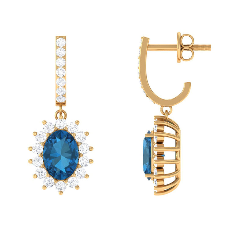 Natural 2 Carat London Blue Topaz Drop Earrings with Diamond Halo