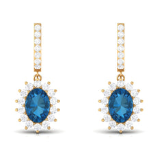 Natural 2 Carat London Blue Topaz Drop Earrings with Diamond Halo