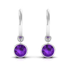 Certified Natural Amethyst Hoop Drop Earrings in Bezel Setting