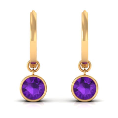 Certified Natural Amethyst Hoop Drop Earrings in Bezel Setting