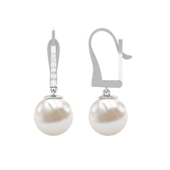 Simple Freshwater Pearl and Diamond Drop Earrings with Lever Back