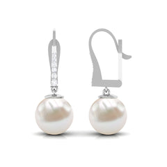 Simple Freshwater Pearl and Diamond Drop Earrings with Lever Back