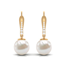 Simple Freshwater Pearl and Diamond Drop Earrings with Lever Back