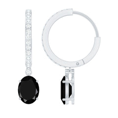 Natural 6X8mm Oval Black Onyx Hoop Drop Earrings with Diamond