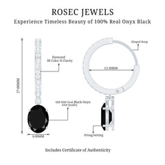 Natural 6X8mm Oval Black Onyx Hoop Drop Earrings with Diamond