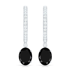 Natural 6X8mm Oval Black Onyx Hoop Drop Earrings with Diamond