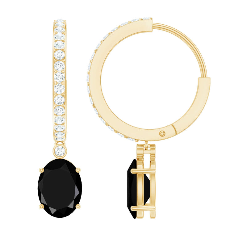 Natural 6X8mm Oval Black Onyx Hoop Drop Earrings with Diamond