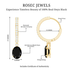 Natural 6X8mm Oval Black Onyx Hoop Drop Earrings with Diamond