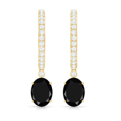 Natural 6X8mm Oval Black Onyx Hoop Drop Earrings with Diamond