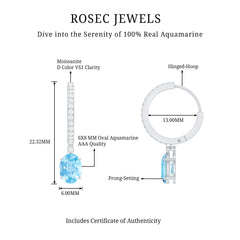 Oval Cut Aquamarine Hoop Drop Earrings with Moissanite