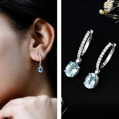 Oval Cut Aquamarine Hoop Drop Earrings with Moissanite
