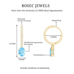 Oval Cut Aquamarine Hoop Drop Earrings with Moissanite