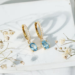 Oval Cut Aquamarine Hoop Drop Earrings with Moissanite