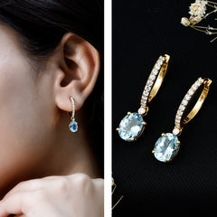 Oval Cut Aquamarine Hoop Drop Earrings with Moissanite