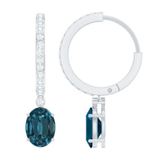 Natural Oval 2 Carat London Blue Topaz Drop hoop Earrings with Diamond