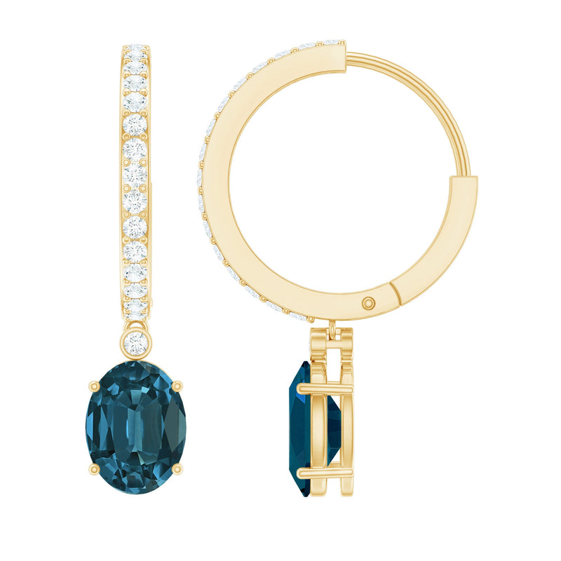 Natural Oval 2 Carat London Blue Topaz Drop hoop Earrings with Diamond