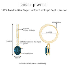 Natural Oval 2 Carat London Blue Topaz Drop hoop Earrings with Diamond