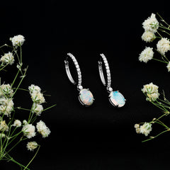 6X8 MM Oval Rainbow Opal and Moissanite Hinged Hoop Earrings