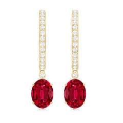 Oval Cut Lab Created Ruby Hoop Drop Earrings with Diamonds