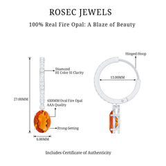 Certified Real Oval Fire Opal Hoop Earrings with Diamond