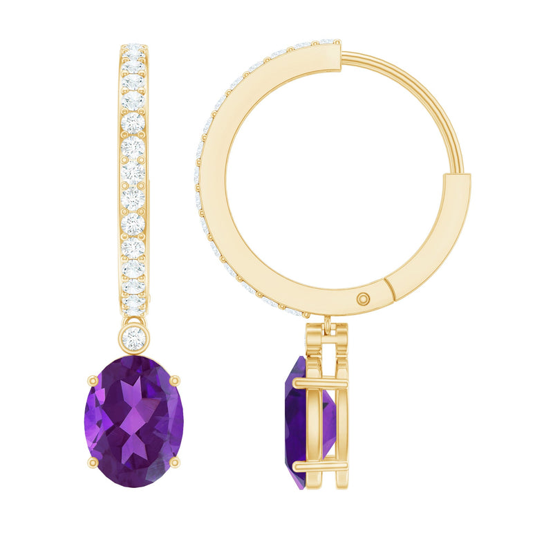 Real 6X8mm Oval Amethyst Diamond Hoop Earrings With Diamonds