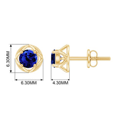 Round Cut Created Blue Sapphire Solitaire Floral Stud Earrings