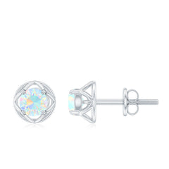 Simple Ethiopian Opal Solitaire Flower Stud Earrings