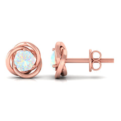 4 MM Round Ethiopian Opal Solitaire Gold Swirl Stud Earrings in Prong Setting