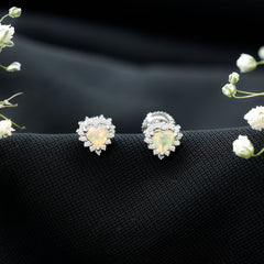 Natural Ethiopian Opal Heart Earrings with Moissanite Halo