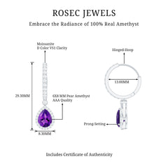 Natural Amethyst Teardrop Earrings with Moissanite Hinged Hoop