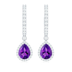 Natural Amethyst Teardrop Earrings with Moissanite Hinged Hoop