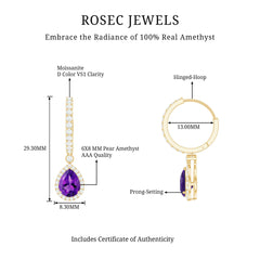 Natural Amethyst Teardrop Earrings with Moissanite Hinged Hoop