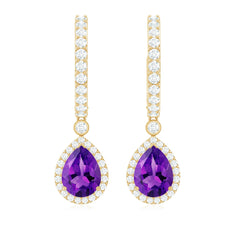 Natural Amethyst Teardrop Earrings with Moissanite Hinged Hoop