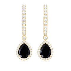 Natural Pear Shape Black Onyx Hoop Drop Earrings