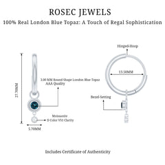 Bezel Set London Blue Topaz and Moissanite Hoop Drop Earrings