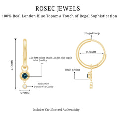 Bezel Set London Blue Topaz and Moissanite Hoop Drop Earrings