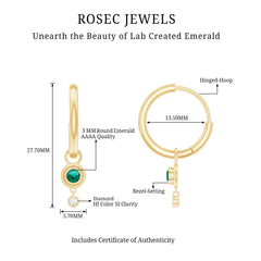 Certified Lab Grown Emerald and Diamond Drop Hoop Earrings