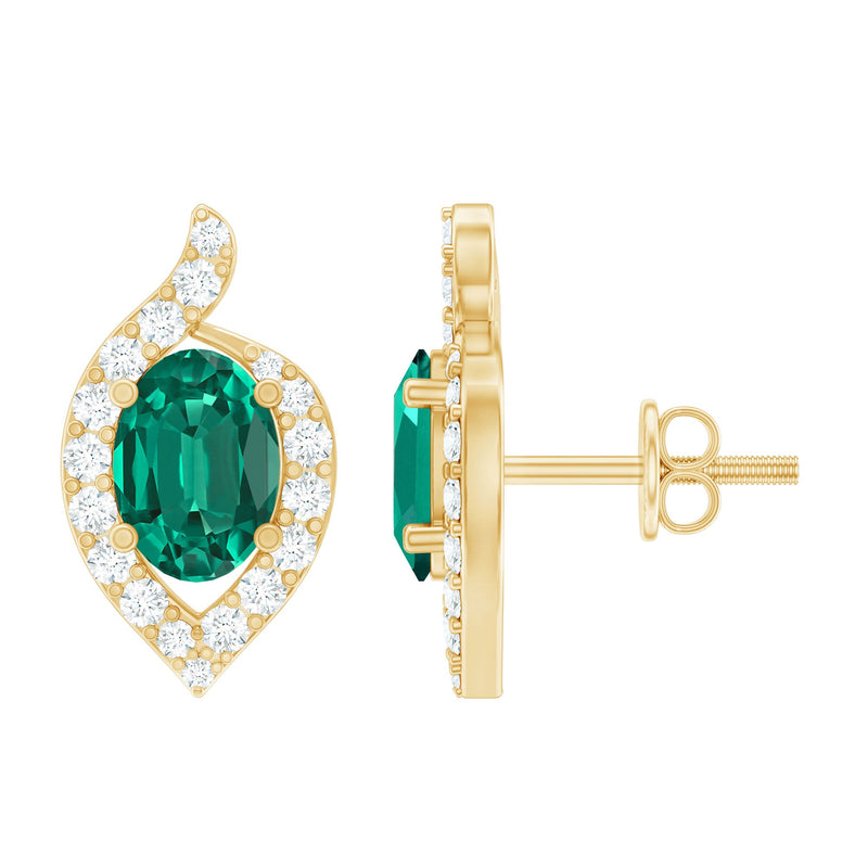 Vintage Inspired Lab Grown Emerald Stud Earrings With Diamond