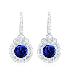 Classic Lab Grown Blue Sapphire Wedding Earrings with Diamonds Halo