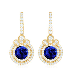 Classic Lab Grown Blue Sapphire Wedding Earrings with Diamonds Halo