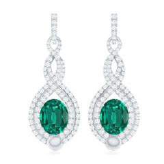 Certified Lab Grown Emerald Wedding Earrings with Double Halo Diamonds