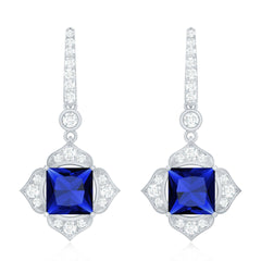 Lab Grown Blue Sapphire Floral Inspired Drop Earrings with Diamonds
