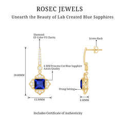 Lab Grown Blue Sapphire Floral Inspired Drop Earrings with Diamonds