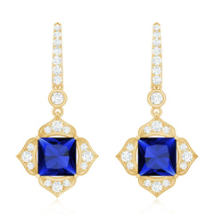 Lab Grown Blue Sapphire Floral Inspired Drop Earrings with Diamonds