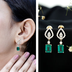 Art Deco Lab Grown Emerald Diamond Drop Earrings With Screw Back