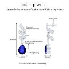 Designer Lab Grown Blue Sapphire Teardrop Earrings with Diamonds