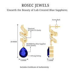 Designer Lab Grown Blue Sapphire Teardrop Earrings with Diamonds