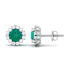 Real 0.99 Carat Emerald and Diamond Halo Stud Earrings