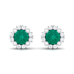 Real 0.99 Carat Emerald and Diamond Halo Stud Earrings