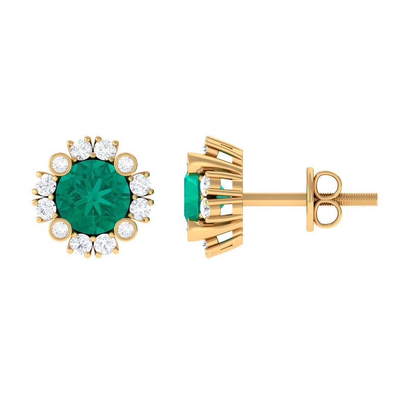 Real 0.99 Carat Emerald and Diamond Halo Stud Earrings